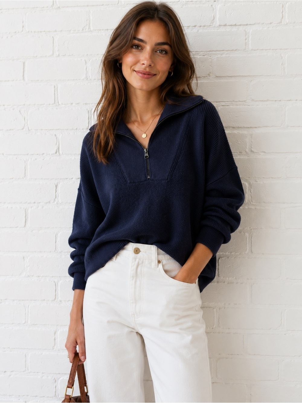 One Grey Day Oversized Quarter Zip Sweater navy size Medium Soft Luxe Knit NWT